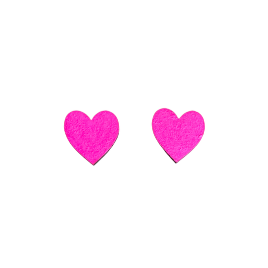 Midi neon pink heart studs hand painted wooden eco friendly