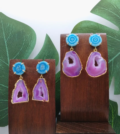 Purple Agate Slice and Sea Blue Solar Quartz Drop Earrings