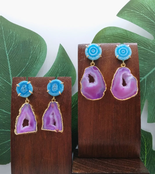 Purple Agate Slice and Sea Blue Solar Quartz Drop Earrings