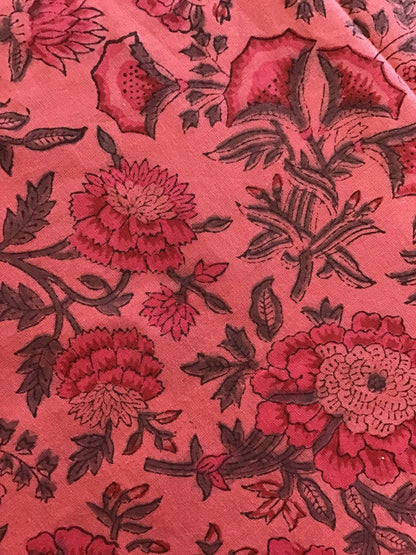 Pink and grey flowers Screen Printed Fabric 100% Cotton