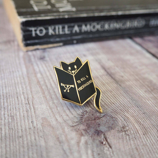 Reading Cat Mockingbird Book Lover Enamel Pin Badge - Black