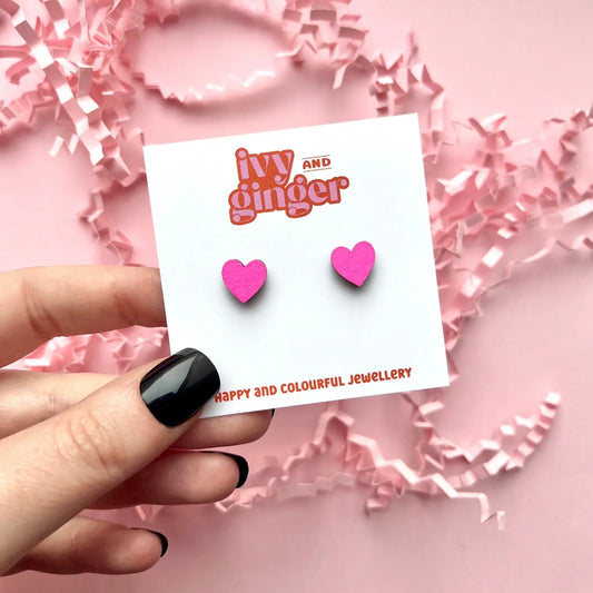 Mini neon pink heart hand painted stud earrings