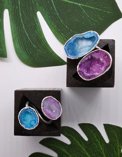 Aqua Blue and Magenta Double Geode Druzy Silver Ring