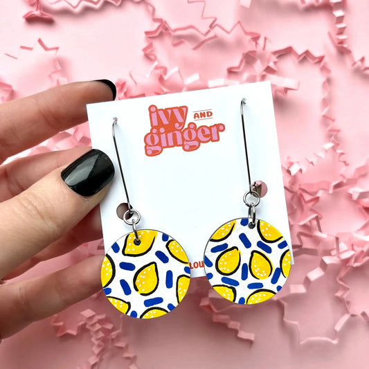 Lemon print hand painted wooden dangle drop earrings