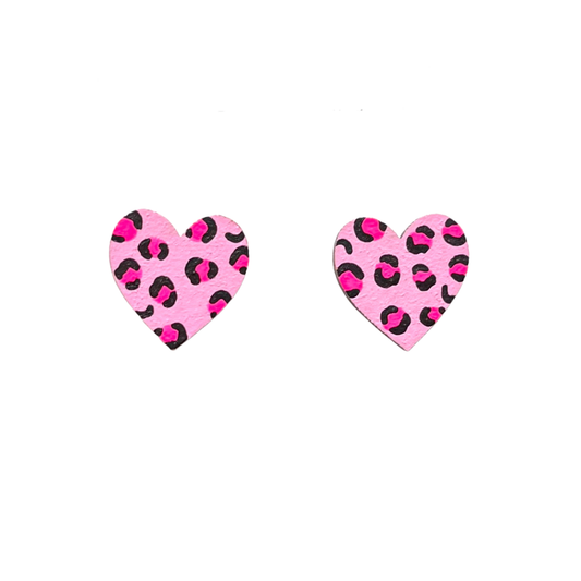 Midi neon pink leopard print heart hand painted earrings