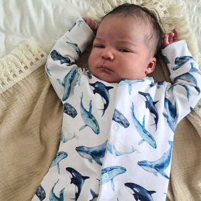 Whale print cotton sleepsuit: 6-12 M