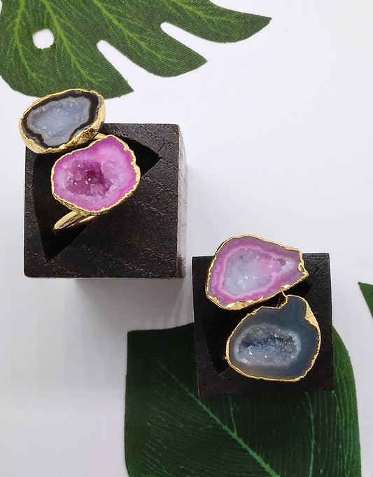 Black and Magenta Double Geode Druzy Ring