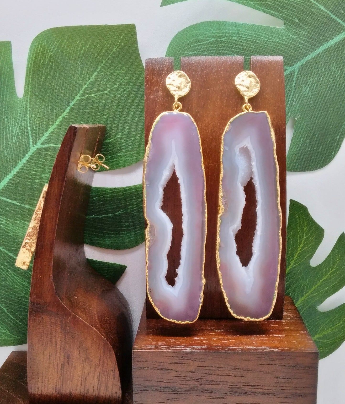 Pink Agate Slice and Gold Stud Drop Earrings