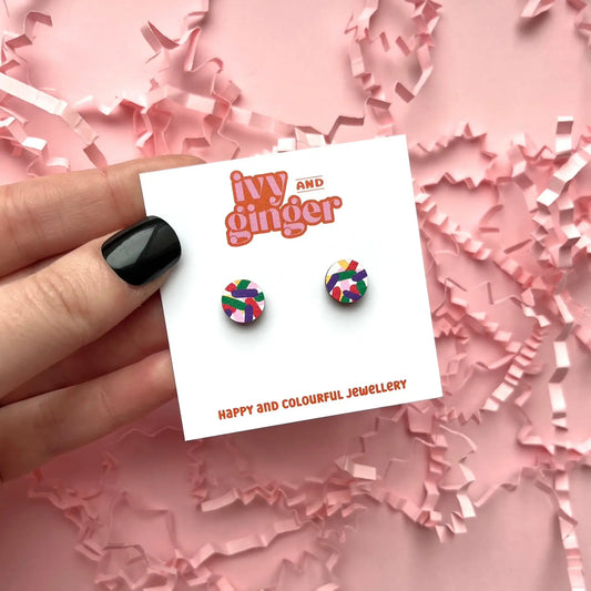 Mini confetti print circle stud earrings hand painted wooden