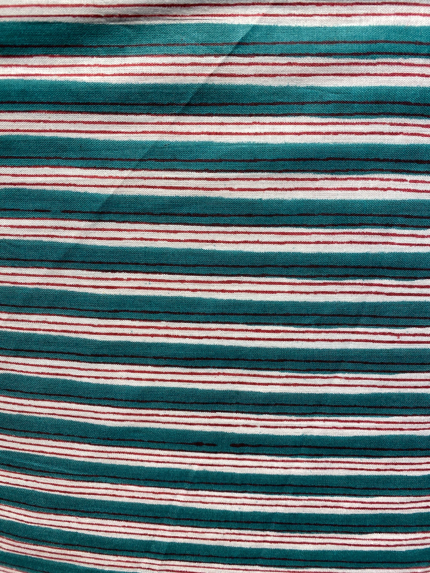 Red, green and white stripe Screen Printed Fabric 100% Cotton