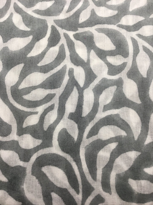 Grey leaf swirl print Block Printed Fabric