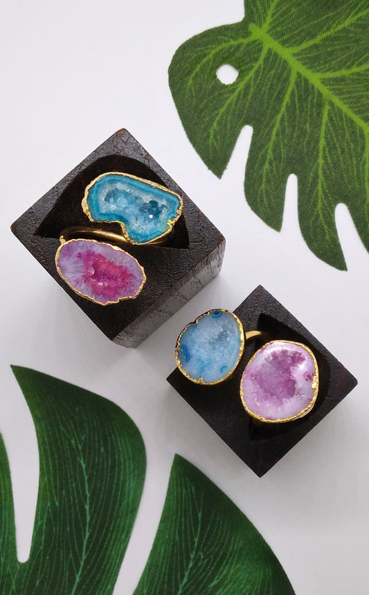 Blue and Magenta Double Geode Druzy Ring