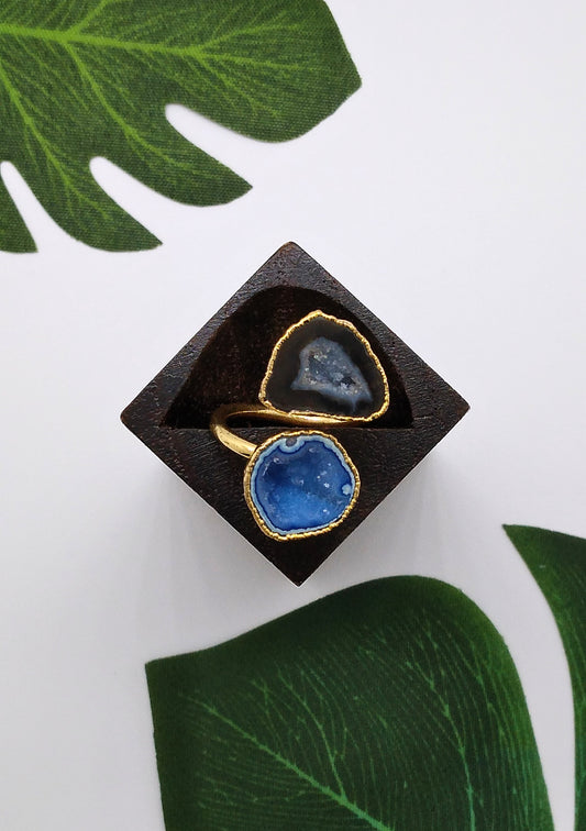 Blue and Black Double Geode Druzy Ring