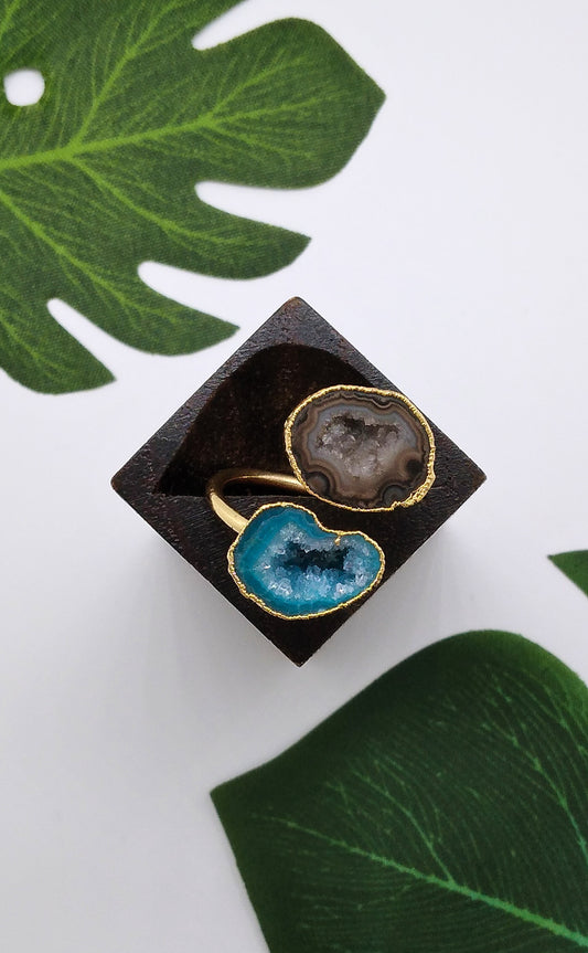 Aqua Blue and Black Double Geode Druzy Ring