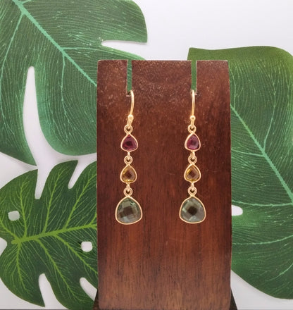 Pink Cats Eye, Citrine and Green Amethyst Triple Threat Earrings