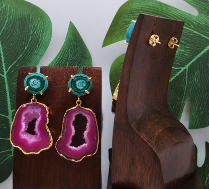 Hot Pink Agate Slice and Sea Green Solar Quartz Drop Earrings