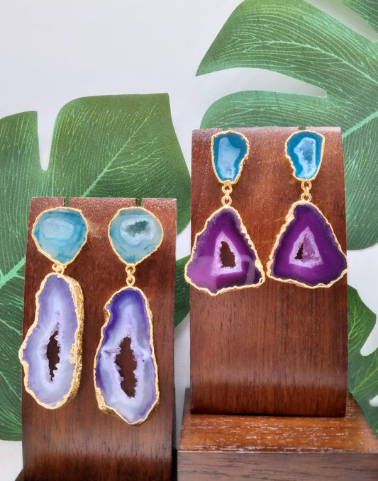 Deep Purple and Ocean Green Agate Slice Drop Earrings