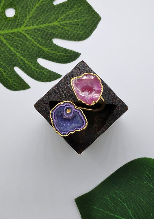 Pink and Purple Double Geode Druzy Ring