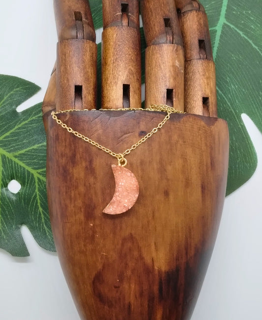 Orange Geode Druzy Moon Necklace