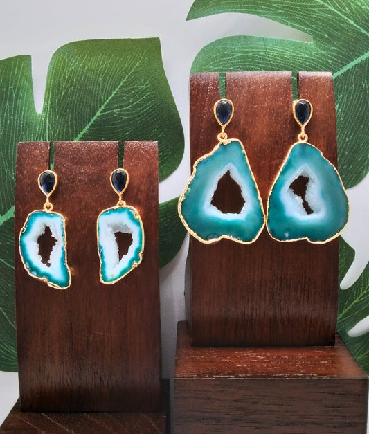 Sea Green Agate Slice and Blue Lolite Gemstone Drop Earrings