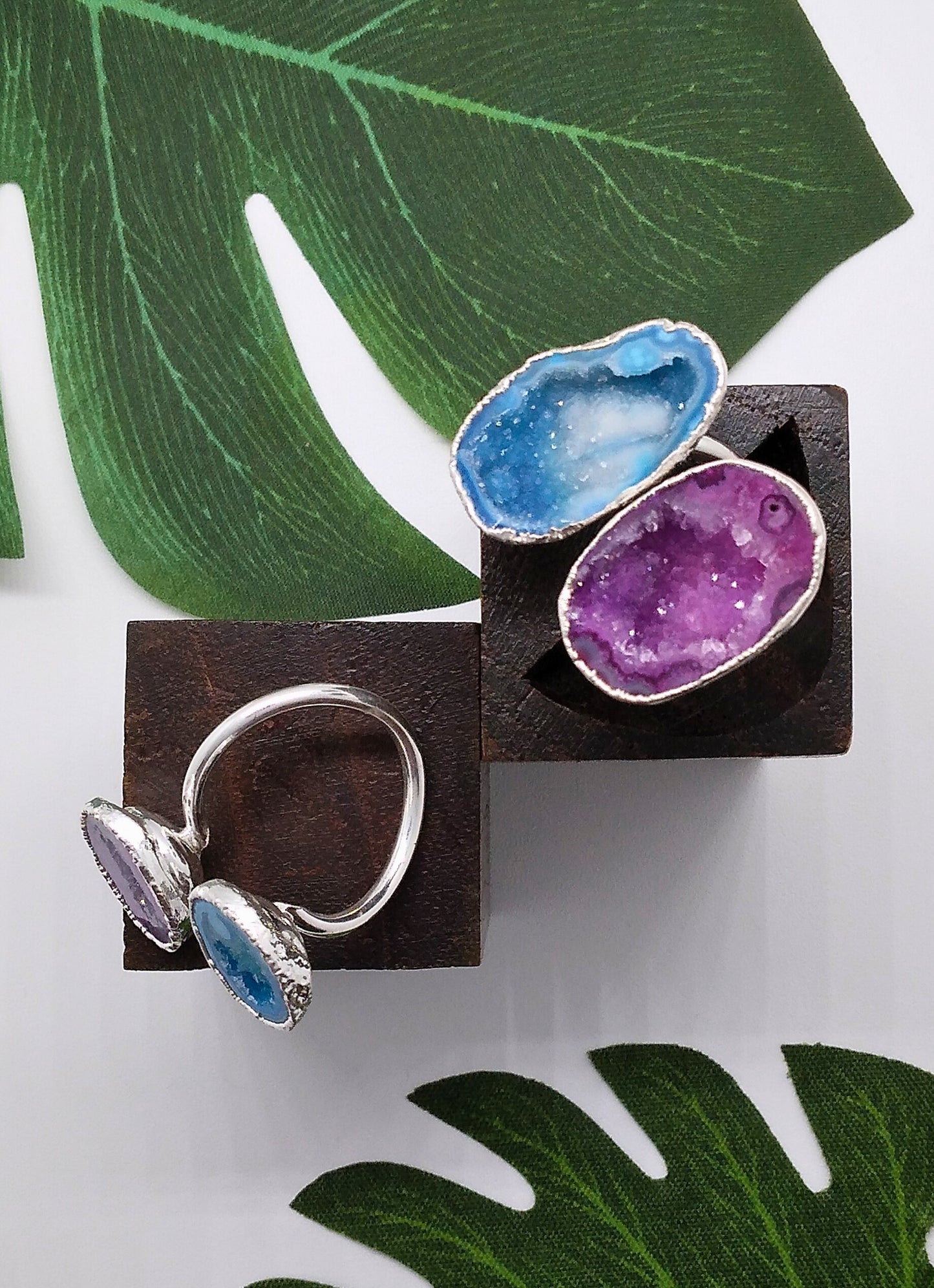 Aqua Blue and Magenta Double Geode Druzy Silver Ring