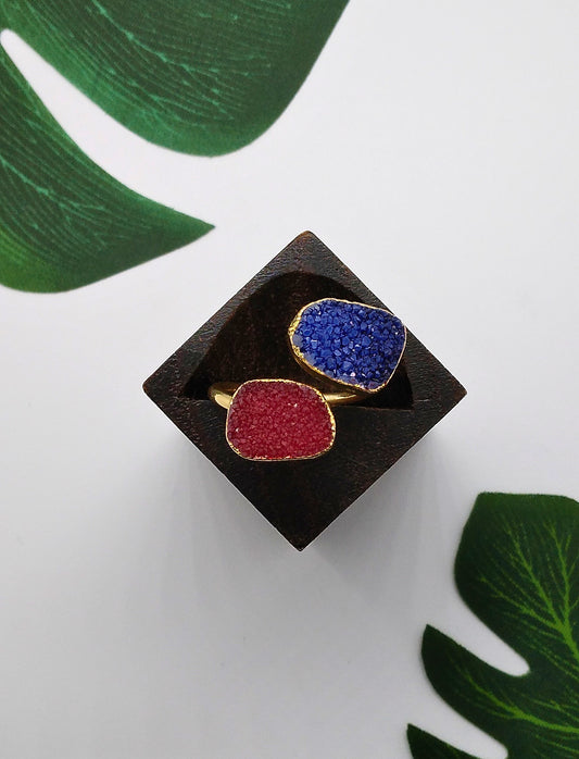 Magenta and Blue Double Druzy Agate Ring