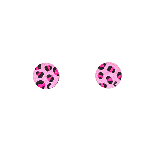 Mini neon pink leopard print circle hand painted eco earring