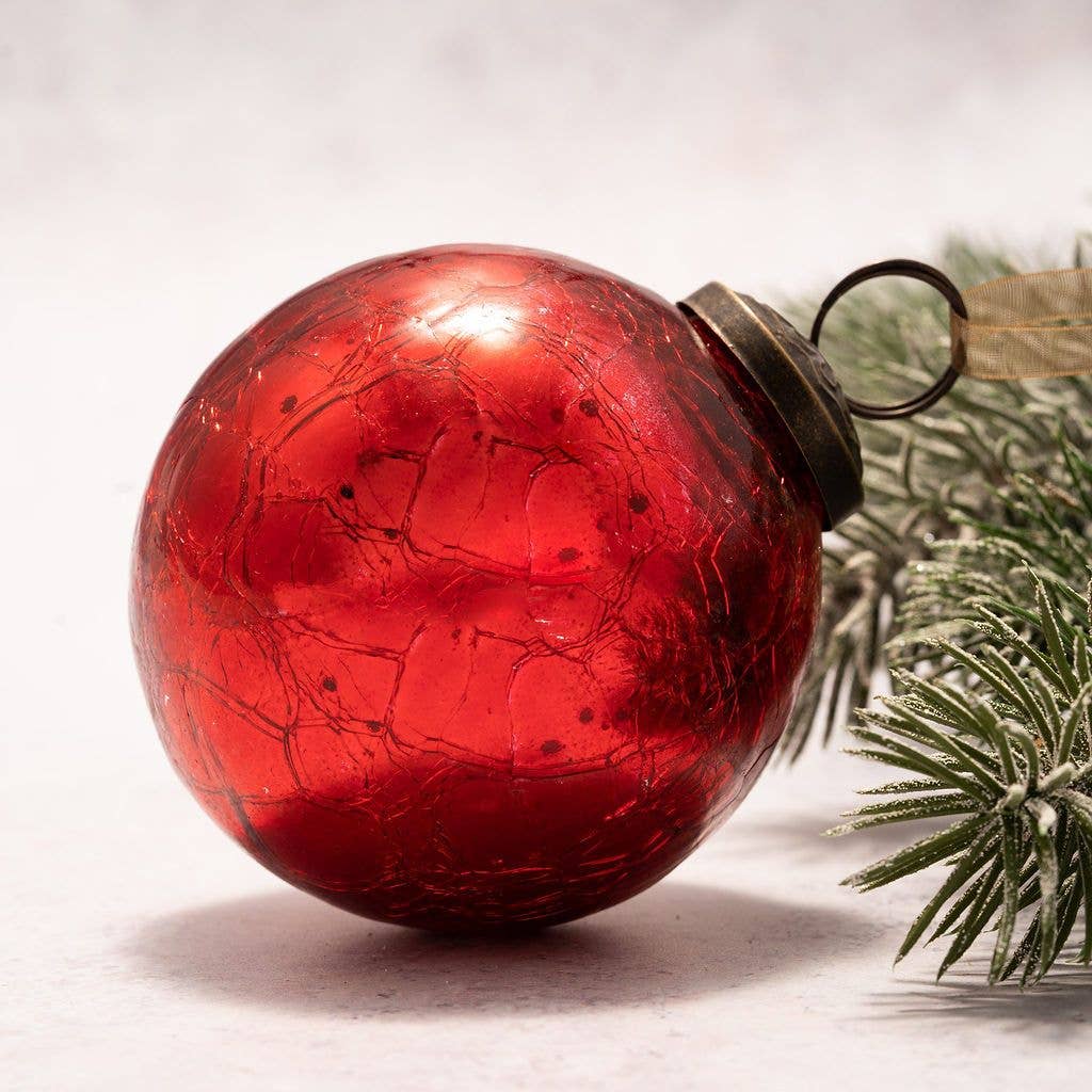 3" Large Red Crackle Glass Christmas Bauble