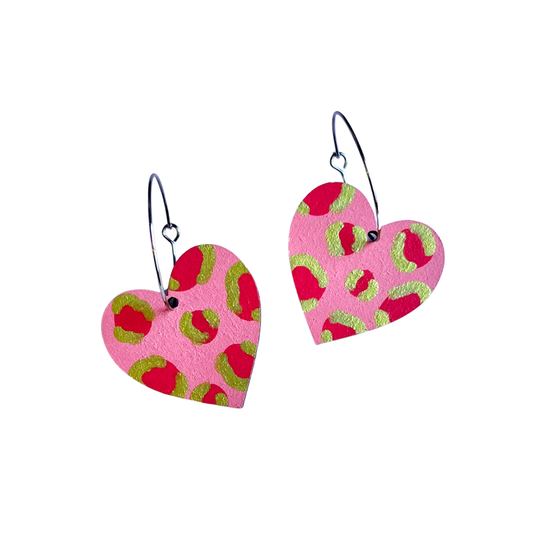 Red pink and gold leopard print hand painted wooden earrings