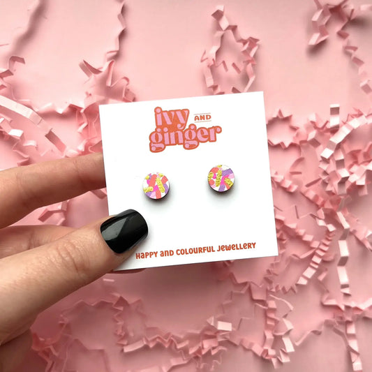 Mini pink circle confetti stud earrings hand painted fun