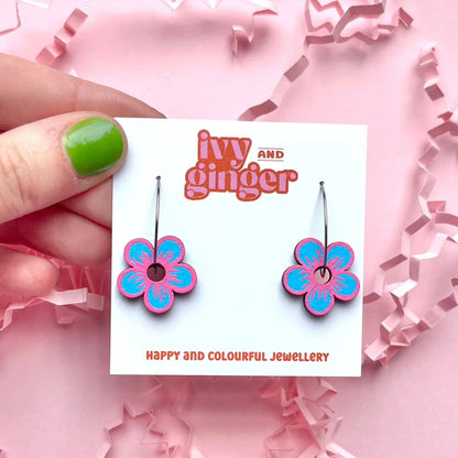 Fun Handmade Bright Pink and Blue Flower Hoop Earrings