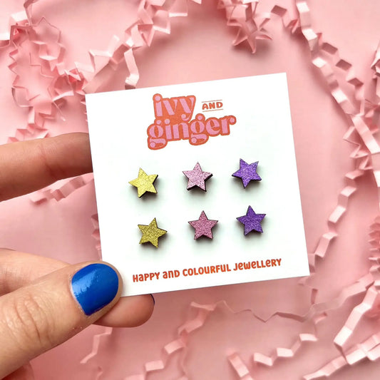 Gold star set mini hand painted wooden earrings