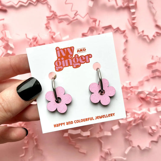 Pink flower hand painted wooden hoop earrings