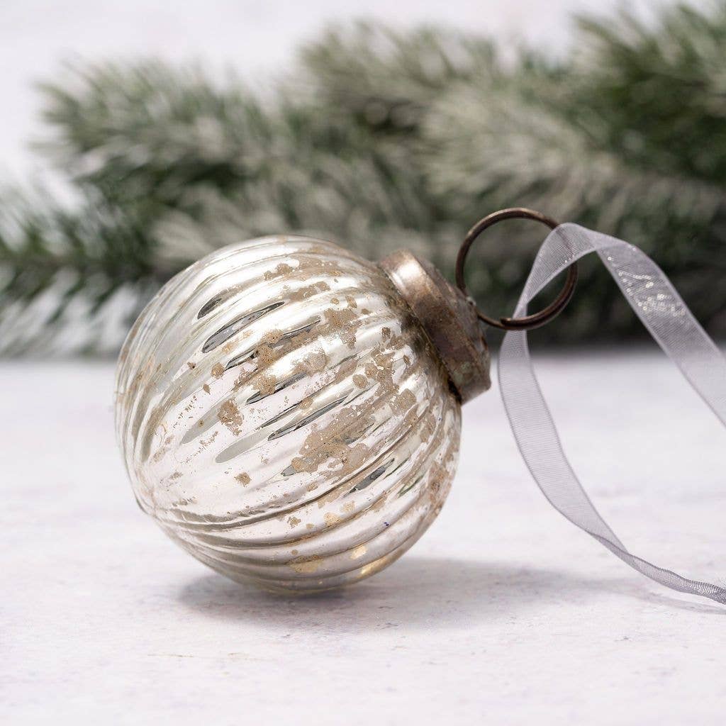 2" Medium Silver Ribbed Glass Christmas Decoration - Violet Elizabeth