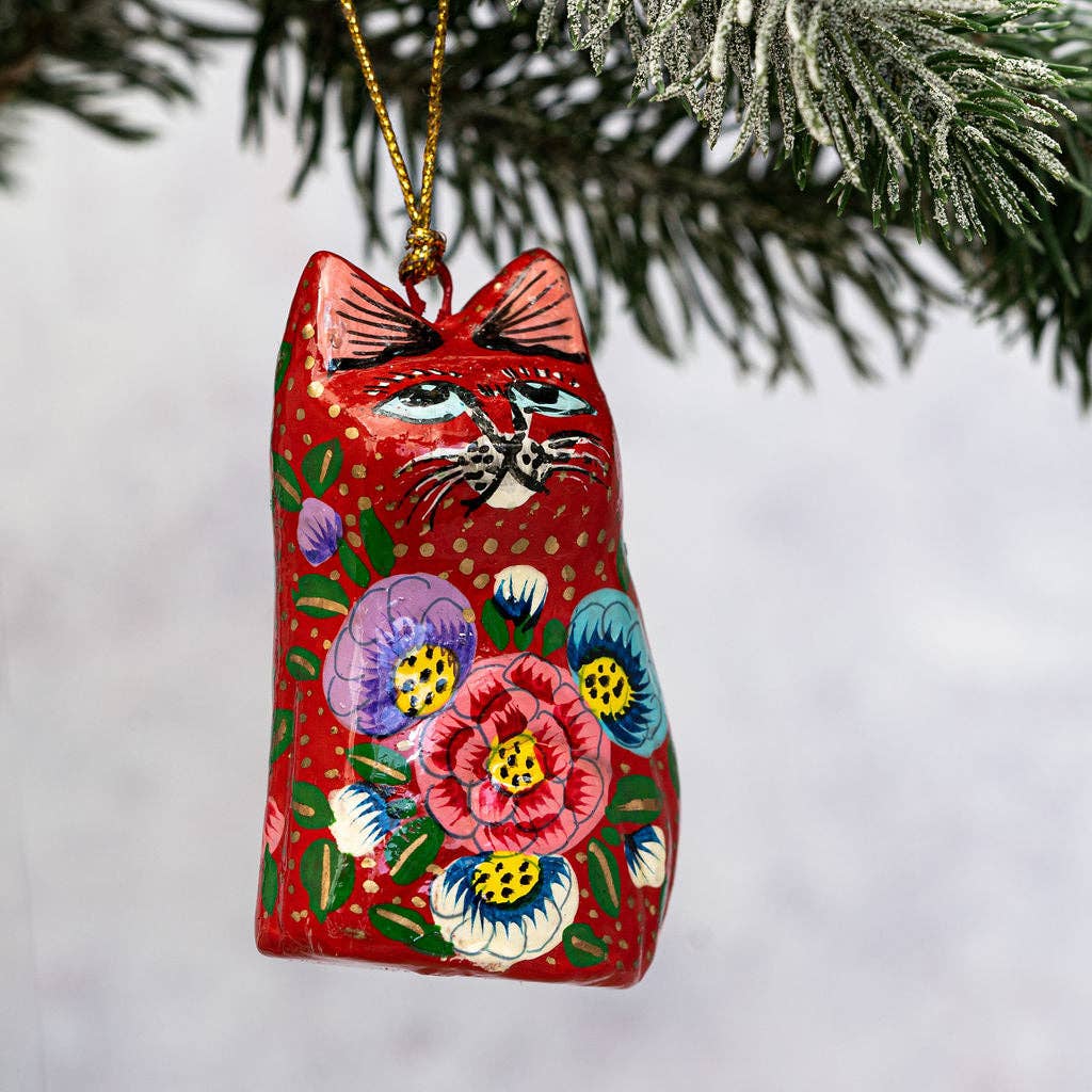 Red Indian Floral Hanging Cat Ornament - Violet Elizabeth