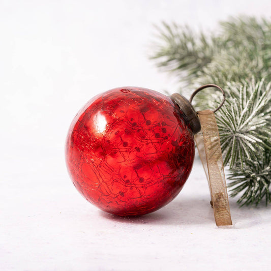 2" Medium Red Crackle Glass Christmas Bauble - Violet Elizabeth