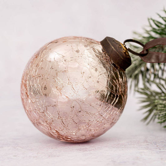 3" Large Rose Quartz Crackle Glass Christmas Bauble - Violet Elizabeth