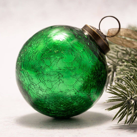 3" Large Emerald Crackle Glass Christmas Bauble - Violet Elizabeth